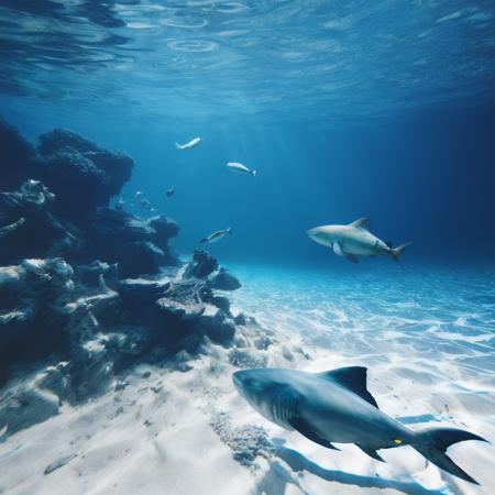 Underwater photo of a shark and fish <lora-underwater-000390-0.8>, 8k uhd, dslr, soft lighting, high quality, film grain, Fujifilm XT3.png